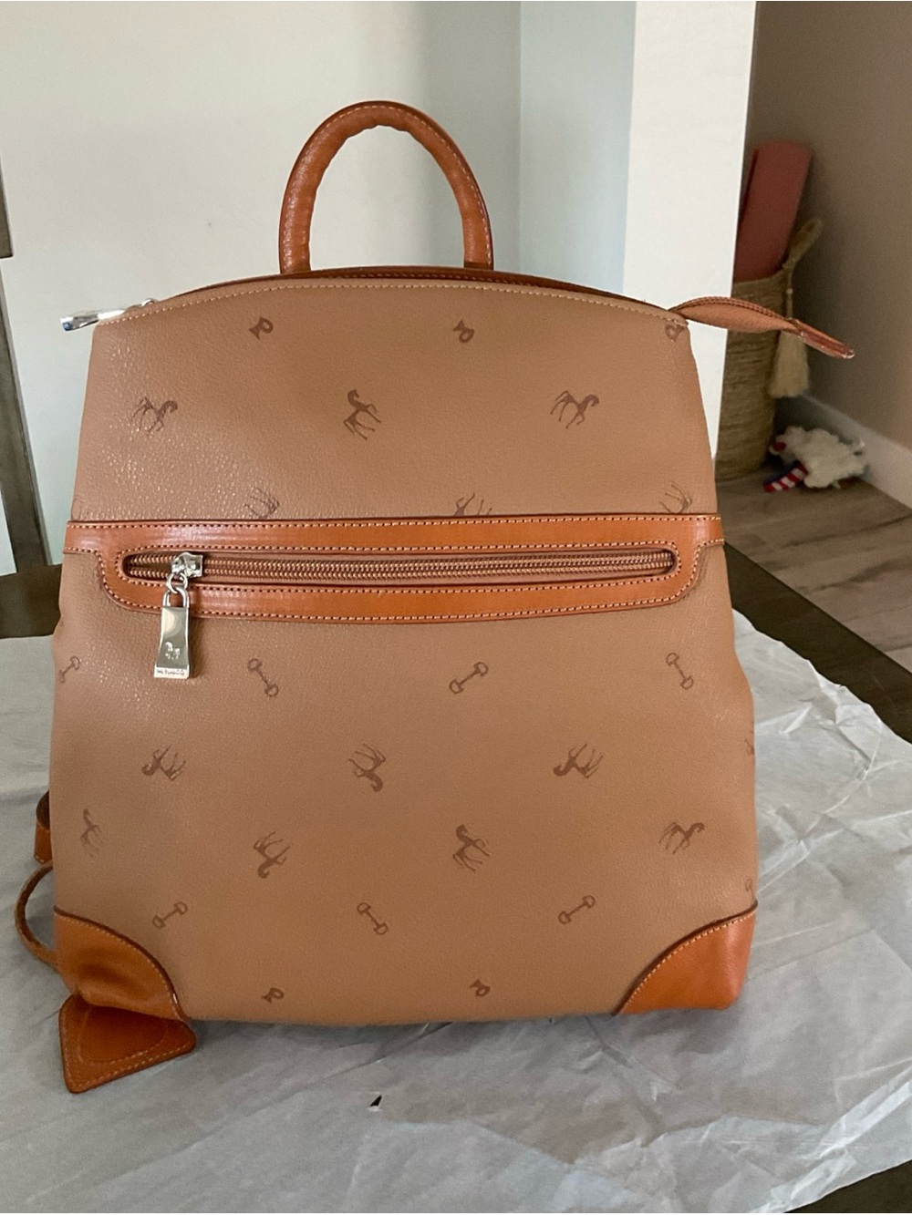 Petusco Purse Backpack  Bag Brown Monogram Canvas w/Leather Horses Spain